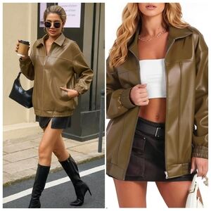 NWT Faux Leather Motorcycle Jacket for Women Light Brown Size Large